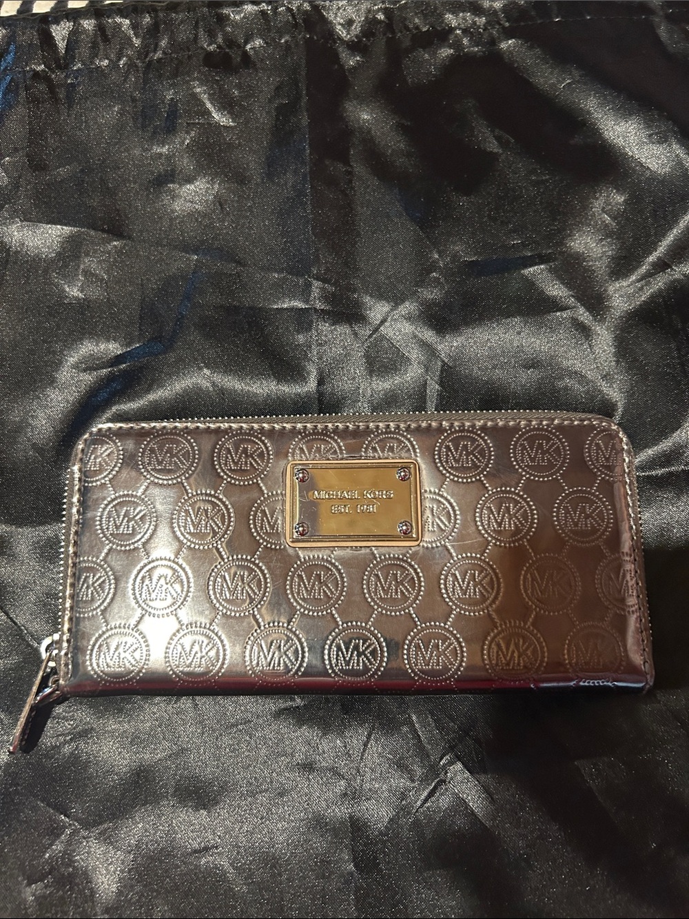 Michael Kors Metallic Brown Logo Zip Wallet with Gold Plate